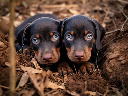 Three adorable baby black doberman puppies with their parent, in maroon and blue style, dusty piles 4:3