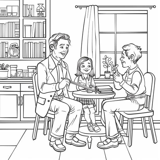Pediatrician with kids in a colorful office. Coloring page
