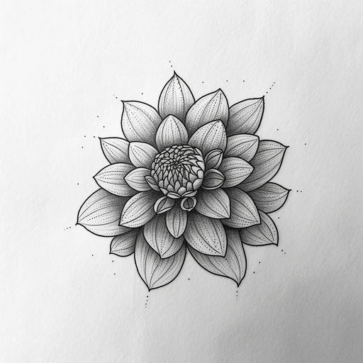 Bold black line dahlia tattoo sketch with stippling