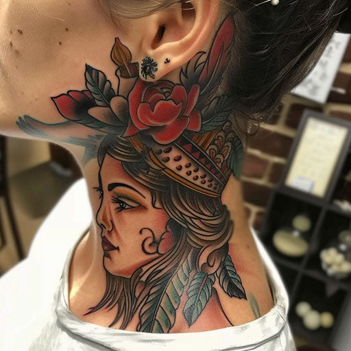 Neck tattoos for women with heroic elements, in the style of Glenn Fabry