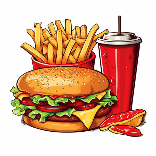 Fast food clipart in the style of Chiaroscuro Art, on a white background