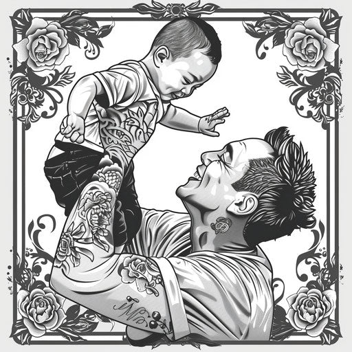 Father and son joyfully captured in traditional tattoo style