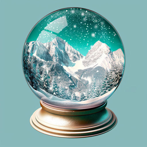 Realistic snow globe clipart with flat teal background