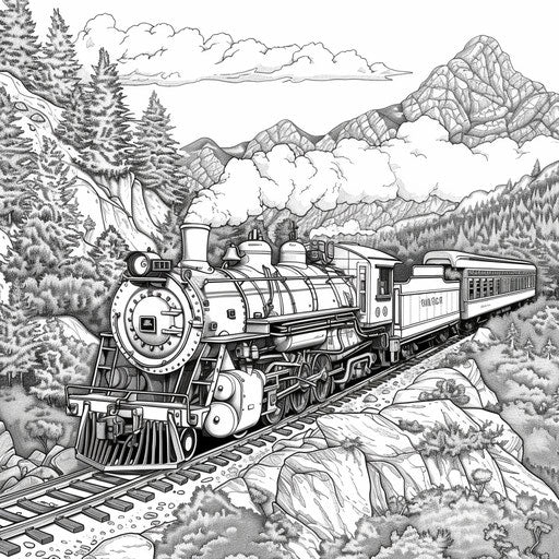 Detailed steam locomotive chugging through a mountain pass