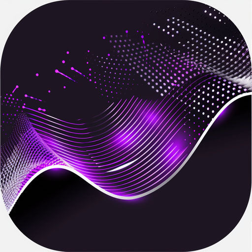 Audio logo in purple and silver with a bold background