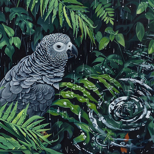 African grey parrot blending into lush foliage during gentle rain