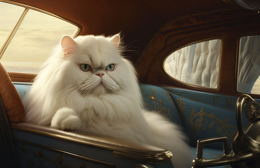 A persian cat sitting in a car, exaggerated facial features, grandeur