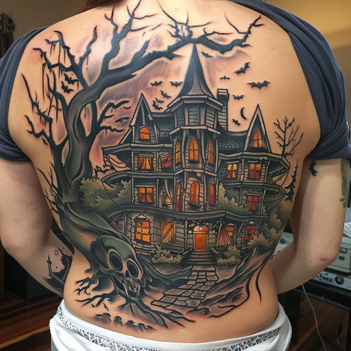 Lower back tattoo of a haunted house