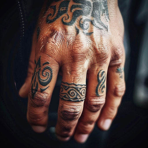 Tribal wedding ring tattoo on finger