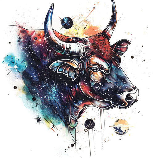 Cosmic bull tattoo on pure white background with space elements