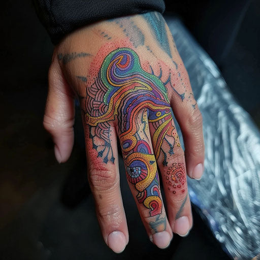 Finger tattoos for women in the style of Guy Aitchison with vibrant, abstract patterns