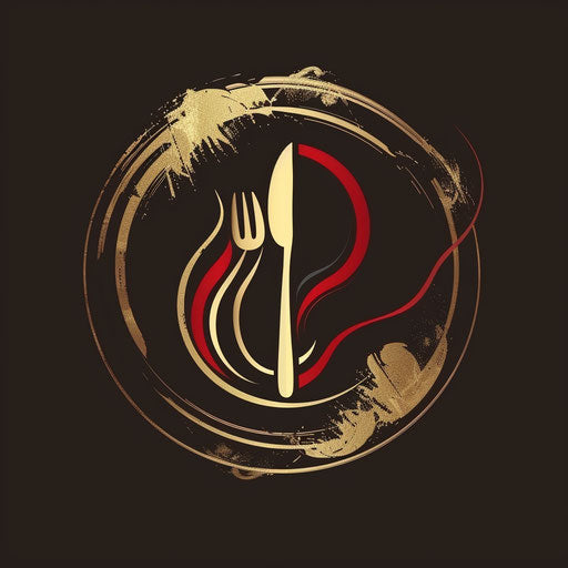 Restaurant logo in red and gold on dark background