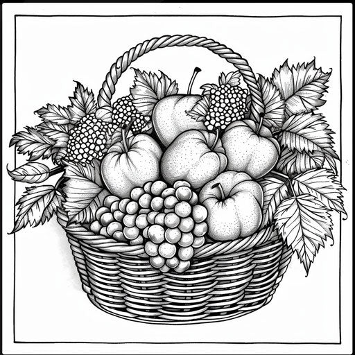 Whimsical fruit basket with detailed leaves Teagan White style Coloring book page