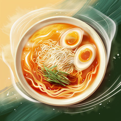 Ramen clipart in photo realistic style with a flat random background, ethereal glow and soft edges