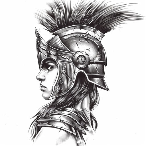 Athena tattoo design in black ink battle armor