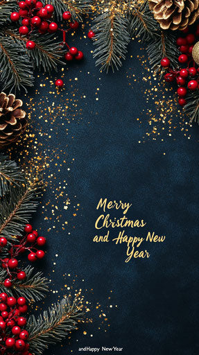 Merry Christmas and Happy New Year New Year theme with text 'Merry Christmas and Happy New Year' in dark blue and gold