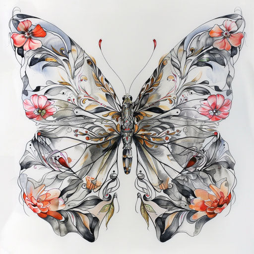 Stylized butterfly with Art Nouveau floral patterns, sophisticated tattoo artwork on white canvas