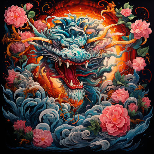 Dragon in lotus flower poster, neotraditional style