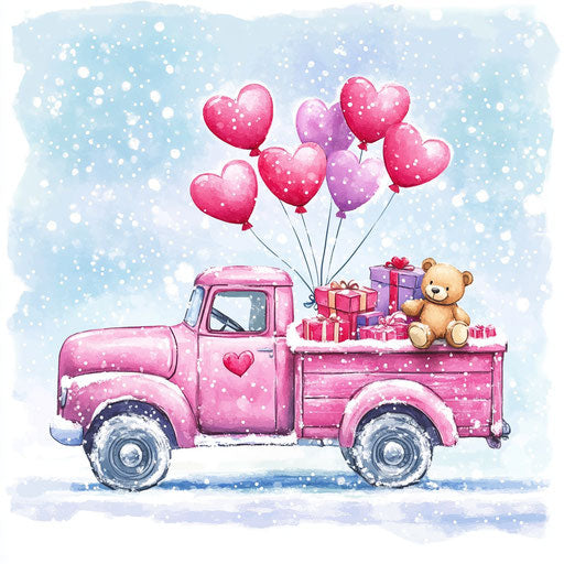 Pink truck with Valentine's gifts in the air