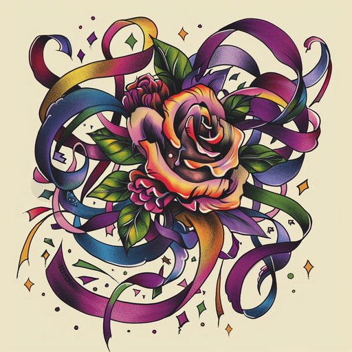 Vibrant sketch of a gypsy rose surrounded by colorful ribbons