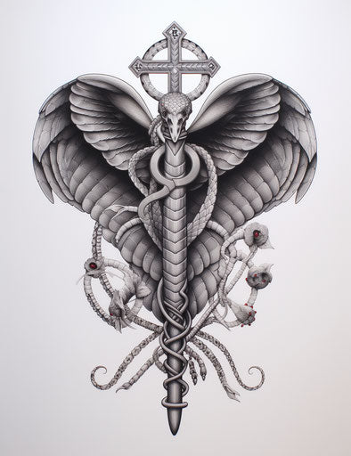 Symbolic snake with feathers and cross, medicalcore style