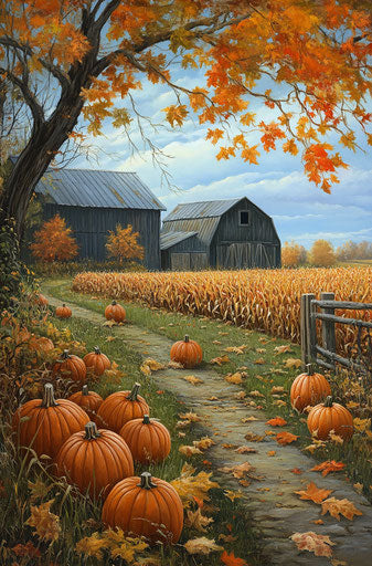 Rustic scene with pumpkins and old barn in the background