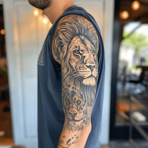 Half sleeve tattoo for men in the style of Ami James featuring a minimalist lion
