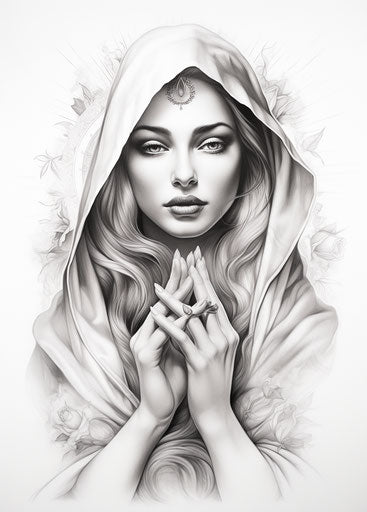 Drawing of Mary's hand in tattoo style