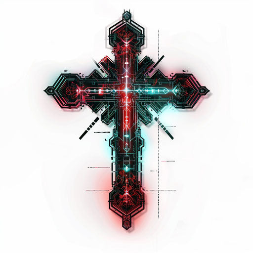 Futuristic cyberpunk strength tattoo with neon accents and circuit patterns