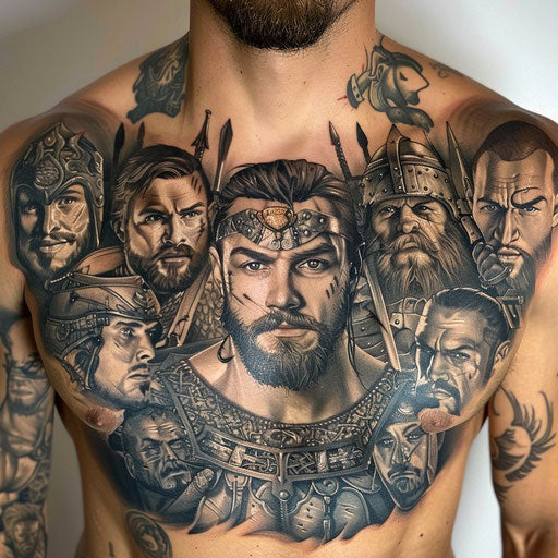 Men's chest tattoo with realistic warrior portraits, in the style of Glenn Fabry