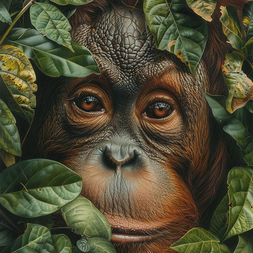 Thoughtful eyes surrounded by lush green leaves