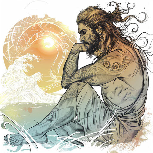 Baldur resting with waves and setting sun in soft pastels