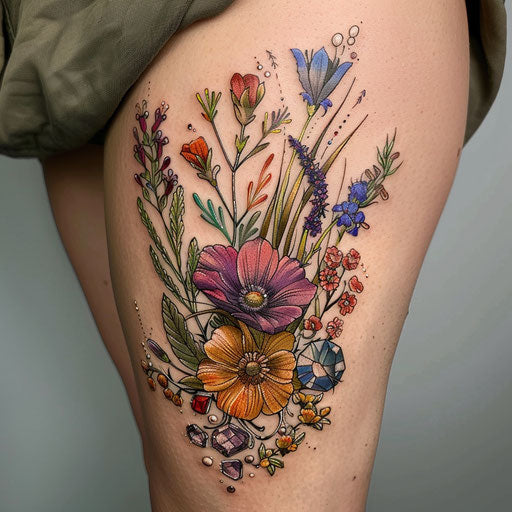 Wildflower tattoo with gemstones, colorful blooms, sparkling gems, mystical touch