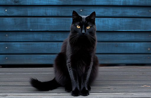 Black cat sitting on a wooden deck