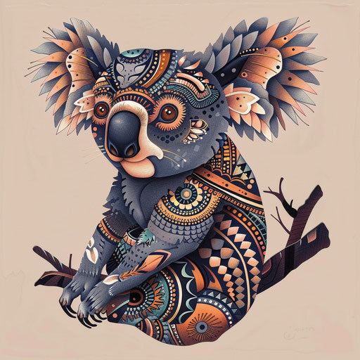 Exotic flat tattoo sketch of a koala with traditional Aboriginal dot painting patterns