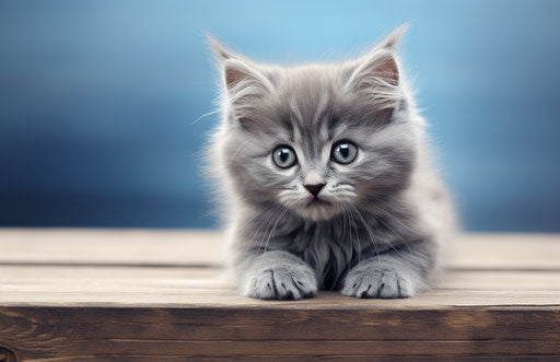 grey kitten on table, primitivist frenzy, light azure and navy