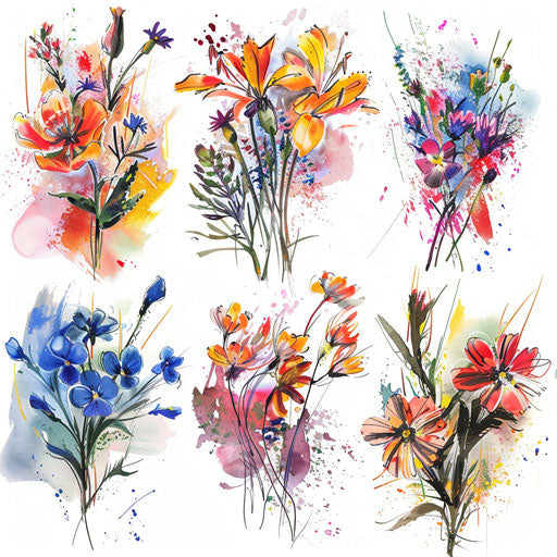 Collection of wildflower tattoos in impressionistic style