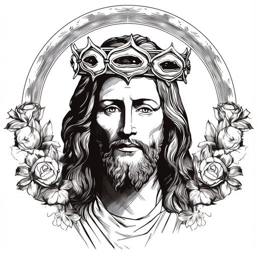 Jesus in crown with roses and headband stock illustration