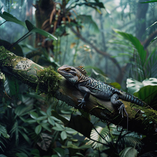 Lizard on a tree branch in a rainforest