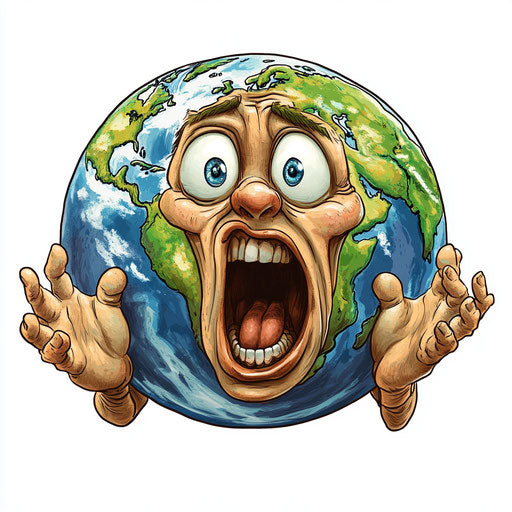 Humorous caricature of Earth with human characteristics