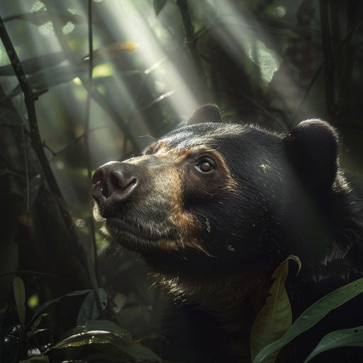 Intimate portrait of a sun bear in the underbrush of a dense rainforest