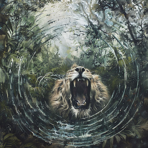 A powerful lion's roar causes a ripple effect in a dense forest