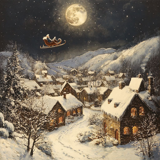 Santa Claus's sleigh gliding above a moonlit snow-covered village