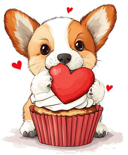 Adorable puppy holding heart-shaped cookie