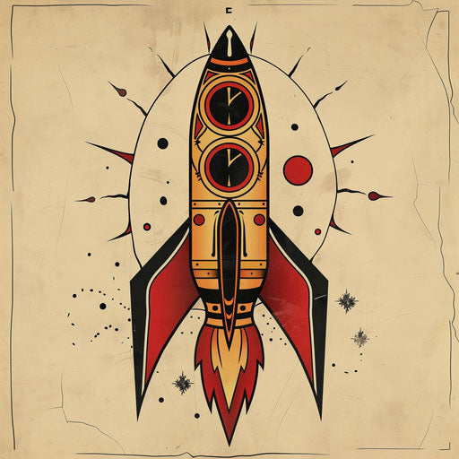 Heroic flat tattoo sketch of a super hero-themed rocket, bold red and gold