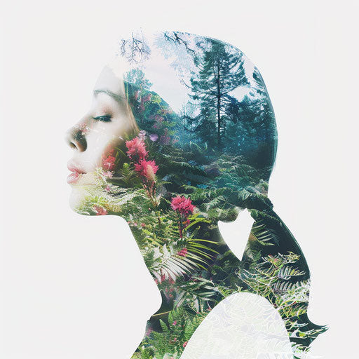 Surreal portrait blending human and nature elements, double exposure effect, soft colors, white canvas