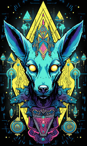 Pharaoh dog cartoon, tattoo style, cyan/gray palette