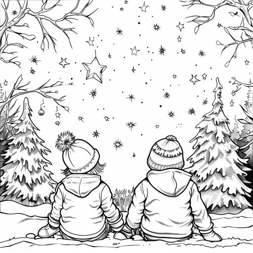 A cozy winter night with children gazing at the stars in the style of Jan Brett, Coloring book page