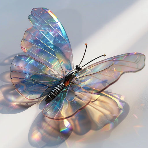 Futuristic 3D butterfly with holographic colors on white