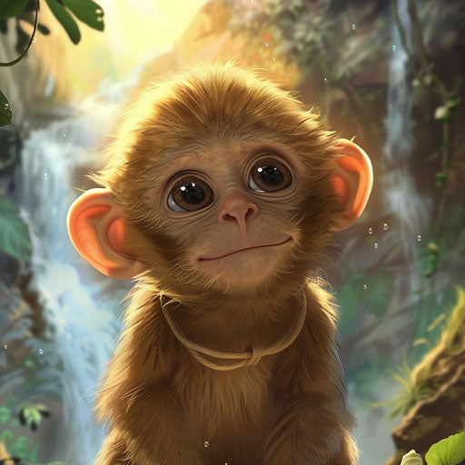 Cute monkey with a waterfall in the background